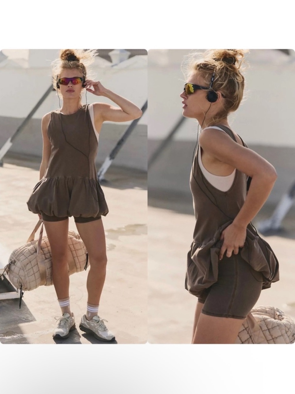 NEW Free People FP Movement Brown Hot Shot Mini Bubble Dress and Shorts Set
